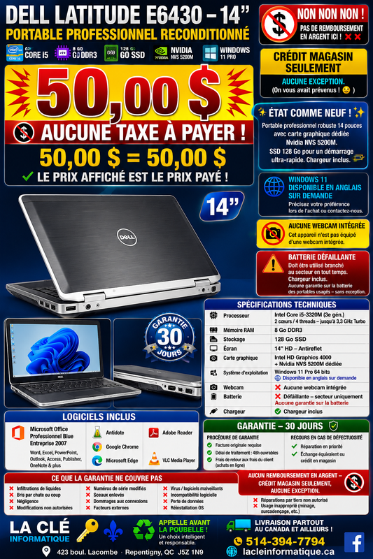 Dell Latitude E6430 – Core i5-3320M | 8 Go DDR3 | 128 Go SSD | Windows 11 Pro
