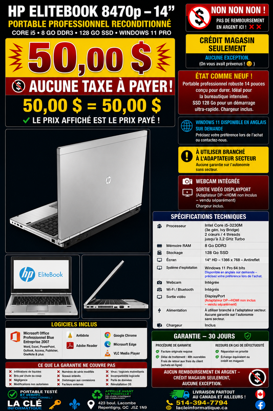 HP EliteBook 8470p – Core i5-3230M | 8 Go DDR3 | 128 Go SSD | Windows 11 Pro