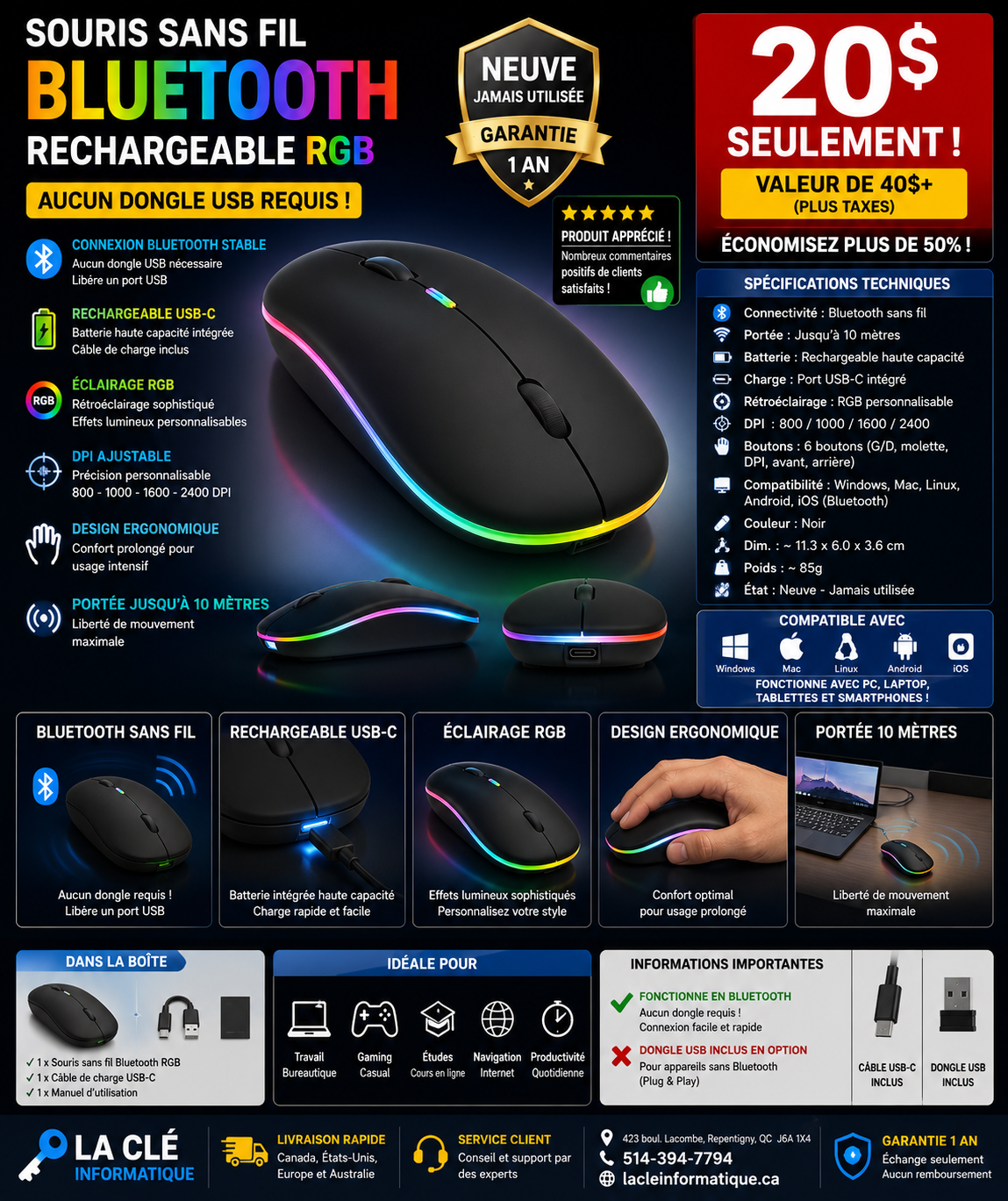 SOURIS SANS FIL Bluetooth RECHARGEABLE NEUVE