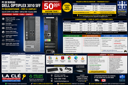 PC de Bureau Dell OptiPlex 3010 SFF — Core i5-3470 | 8 Go DDR3 | 128 Go SSD | Win 11 Pro | VGA & HDMI