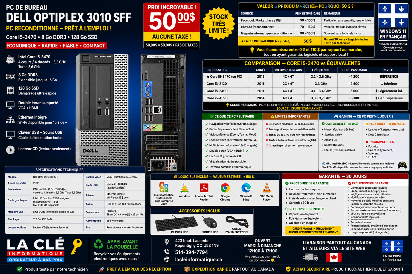 Dell OptiPlex 3010 SFF Desktop PC — Core i5-3470 | 8 GB DDR3 | 128 GB SSD | Win 11 Pro | VGA & HDMI