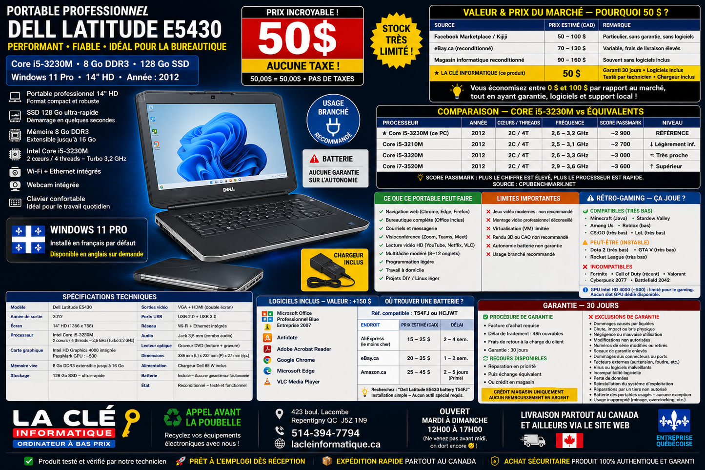 Dell Latitude E5430 – Core i5-3210M | 8 GB DDR3 | 256 GB SSD | Windows 11 Pro