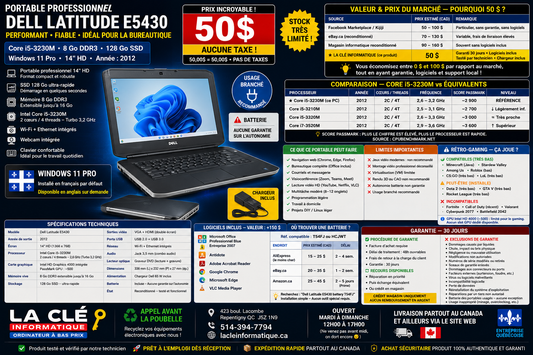Dell Latitude E5430 – Core i5-3230M | 8 Go DDR3 | 128 Go SSD | Windows 11 Pro