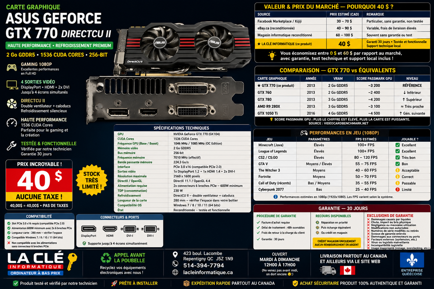 Carte Graphique ASUS GeForce GTX 770 DirectCU II — 2 Go GDDR5 | DP | HDMI | 2x DVI | PCIe
