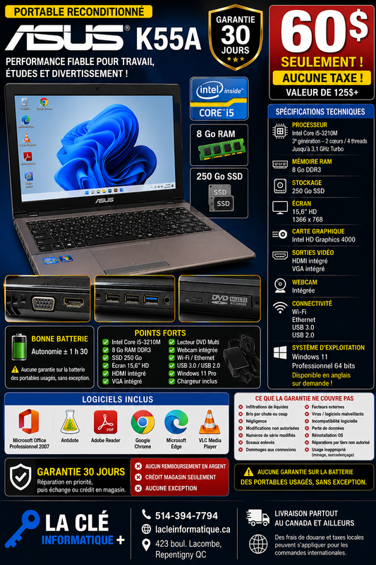 ASUS K55A – Core i5-3210M | 8 Go DDR3 | 250 Go SSD | Windows 11 PROFESSIONELLE