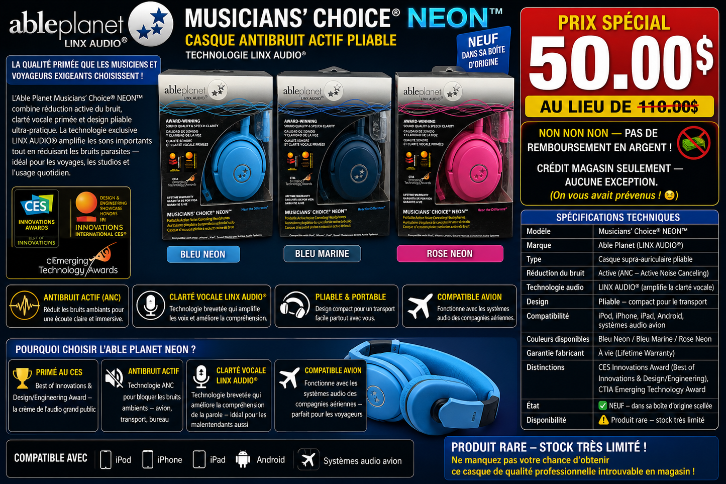 Able Planet Musicians' Choice NEON – Casque antibruit pliable (NEUF)