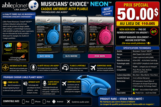 Able Planet Musicians' Choice NEON – Casque antibruit pliable (NEUF)
