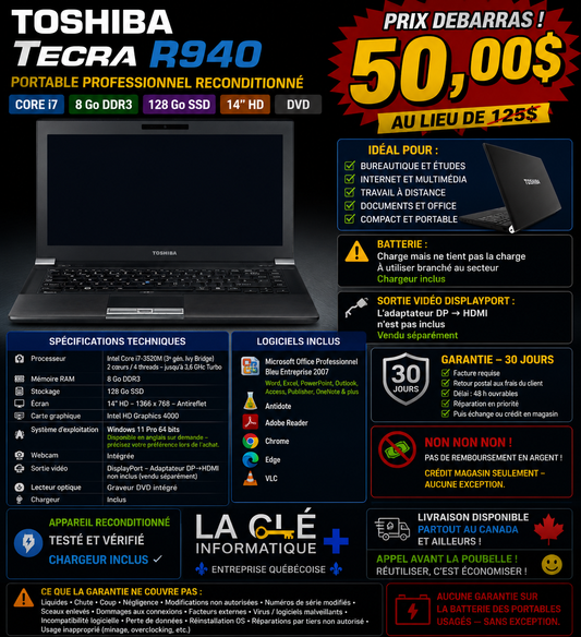 Toshiba Tecra R940 – Core i7-3520M | 8 Go DDR3 | 128 Go SSD | Windows 11 Pro
