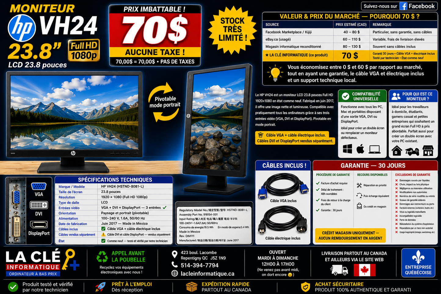 Moniteur HP VH24 — 23.8" Full HD 1080p | VGA DVI DisplayPort | Câble VGA + Électrique Inclus | Comme Neuf