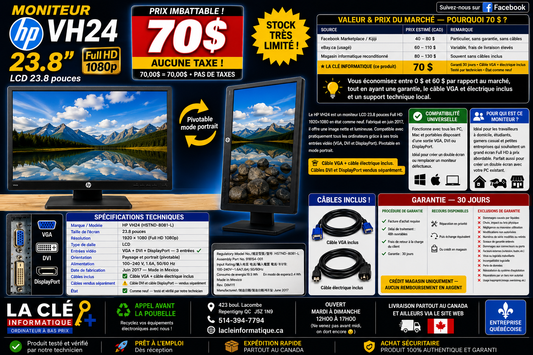 Moniteur HP VH24 — 23.8" Full HD 1080p | VGA DVI DisplayPort | Câble VGA + Électrique Inclus | Comme Neuf