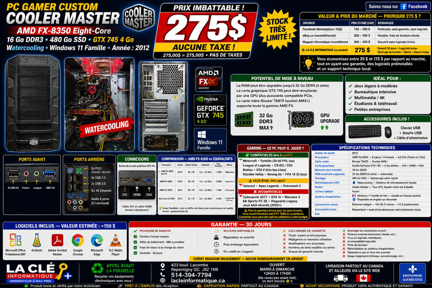 PC Gamer Custom – Boîtier Cooler Master | AMD FX-8350 Eight-Core | 16 Go DDR3 | 480 Go SSD | Nvidia GTX 745 4 Go | Windows 11 Famille