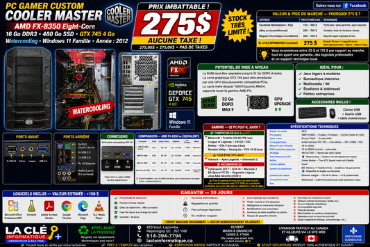 PC Gamer Custom – Boîtier Cooler Master | AMD FX-8350 Eight-Core | 16 Go DDR3 | 480 Go SSD | Nvidia GTX 745 4 Go | Windows 11 Famille