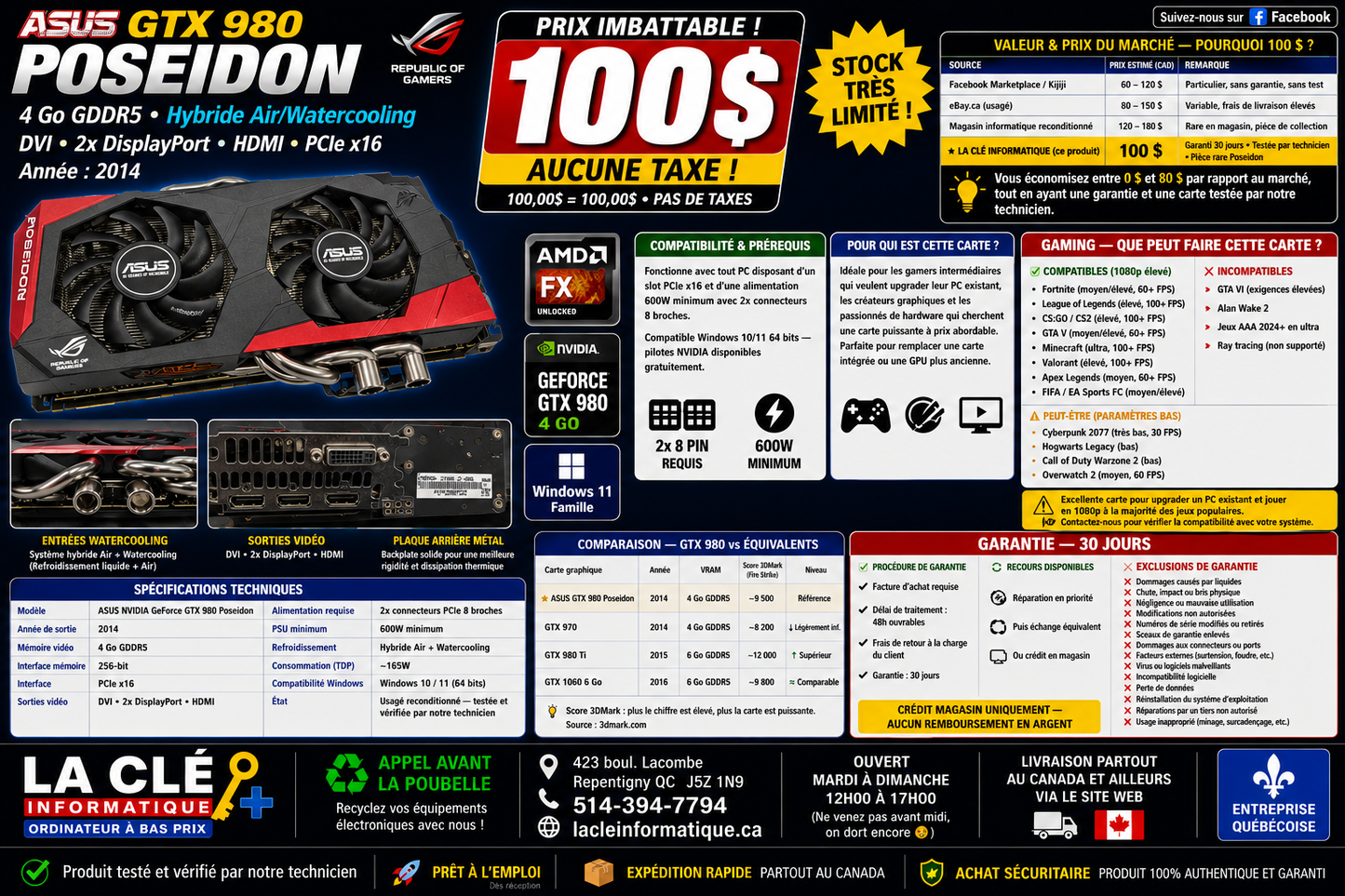 ASUS NVIDIA GeForce GTX 980 Poseidon — 4 Go GDDR5 — Hybride Air/Watercooling — DVI / 2x DP / HDMI