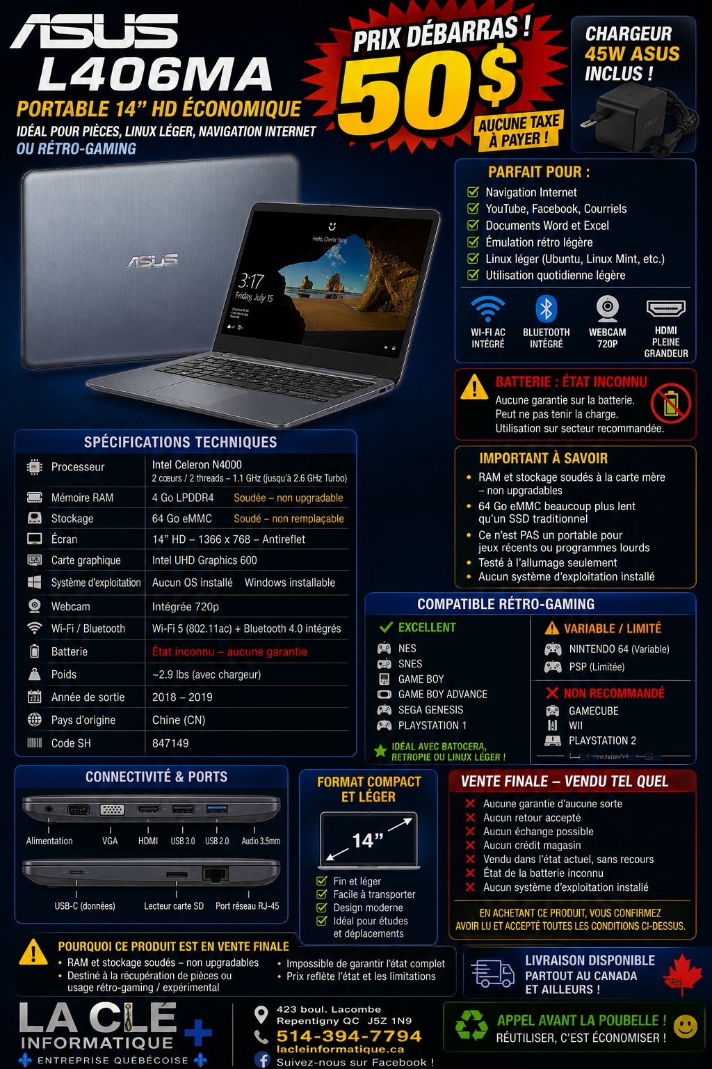 Ordinateur Portable ASUS L406MA — Pour Pièces ou Rétro-Gaming
