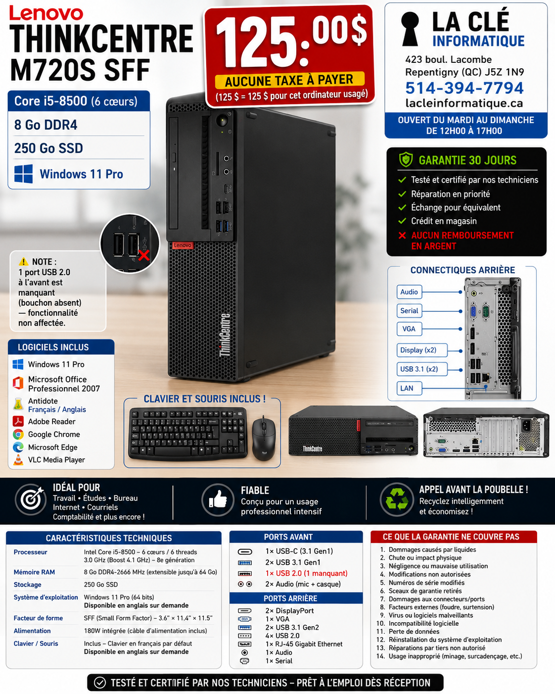 Lenovo ThinkCentre M720s — Core i5-8500 | 8 Go DDR4 | 250 Go SSD | Windows 11 Pro