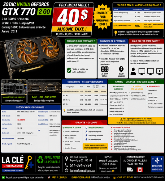 ZOTAC NVIDIA GeForce GTX 770 — 2 Go GDDR5 — PCIe x16 — 2x DVI / HDMI / DisplayPort