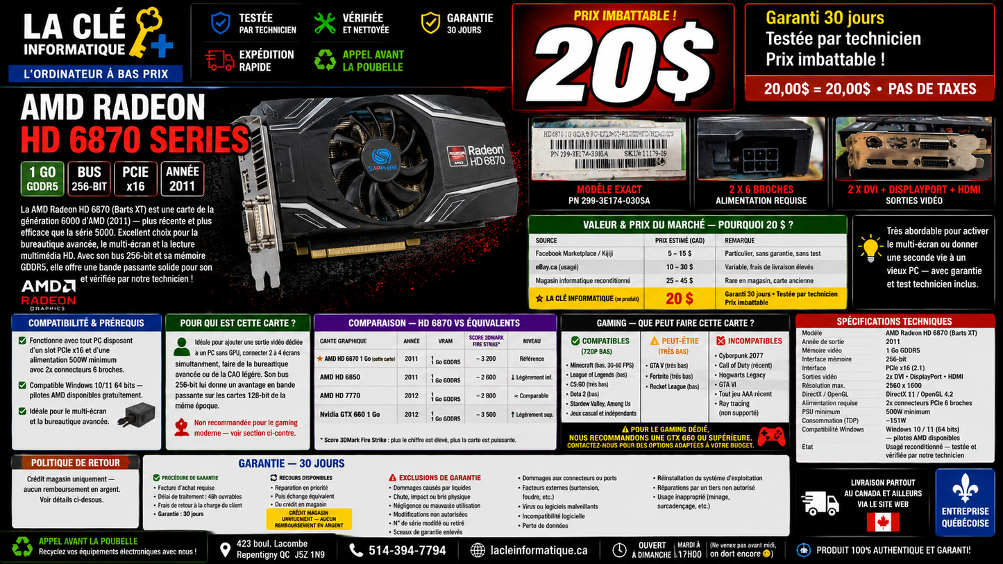 AMD Radeon HD 6870 Series — 1 Go GDDR5 — PCIe x16 — 2x DVI / DisplayPort / HDMI