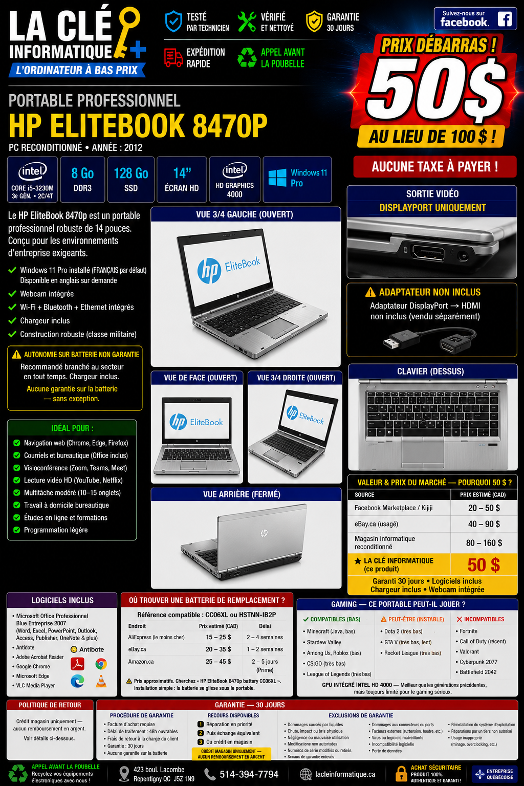 HP EliteBook 8470p – Core i5-3230M | 8 Go DDR3 | 128 Go SSD | Windows 11 Pro