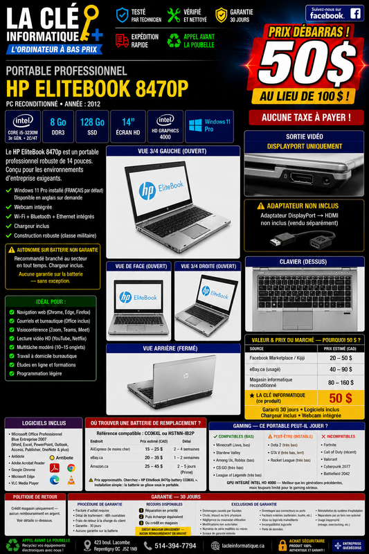 HP EliteBook 8470p – Core i5-3230M | 8 Go DDR3 | 128 Go SSD | Windows 11 Pro