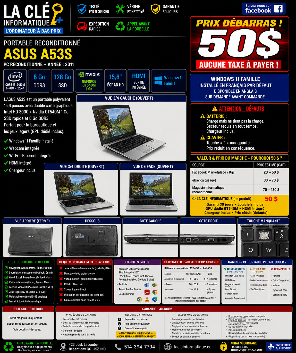 ASUS A53S – Core i5-2410M | 8 Go DDR3 | 128 Go SSD | Windows 11 Famille