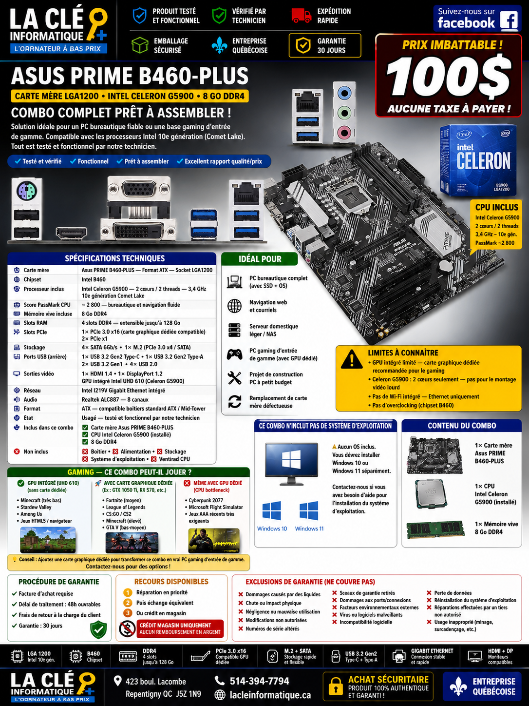 Carte Mère Asus PRIME B460-PLUS + CPU Celeron G5900 + 8 Go DDR4