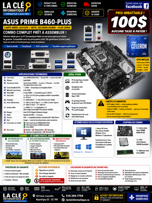 Carte Mère Asus PRIME B460-PLUS + CPU Celeron G5900 + 8 Go DDR4