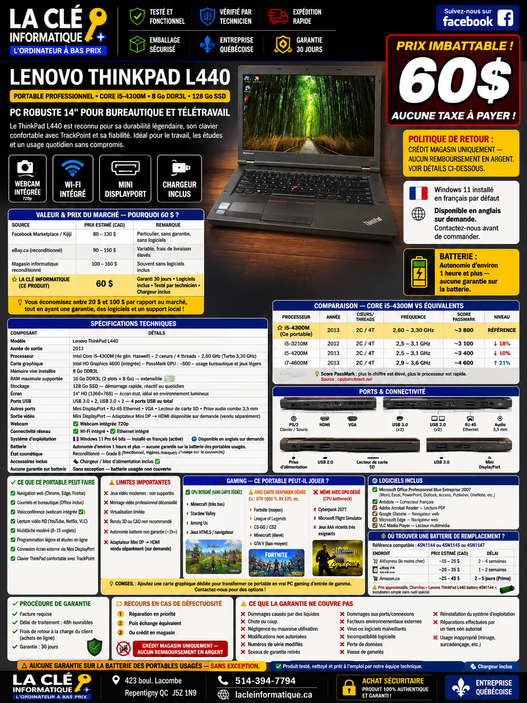 Lenovo ThinkPad L440 — Core i5-4300M — 8 Go DDR3L — 128 Go SSD — 14" — Win 11 Pro