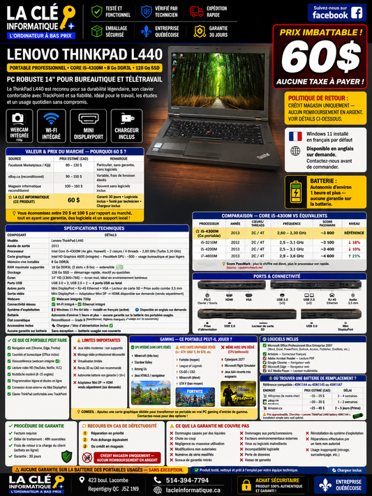 Lenovo ThinkPad L440 — Core i5-4300M — 8 Go DDR3L — 128 Go SSD — 14" — Win 11 Pro