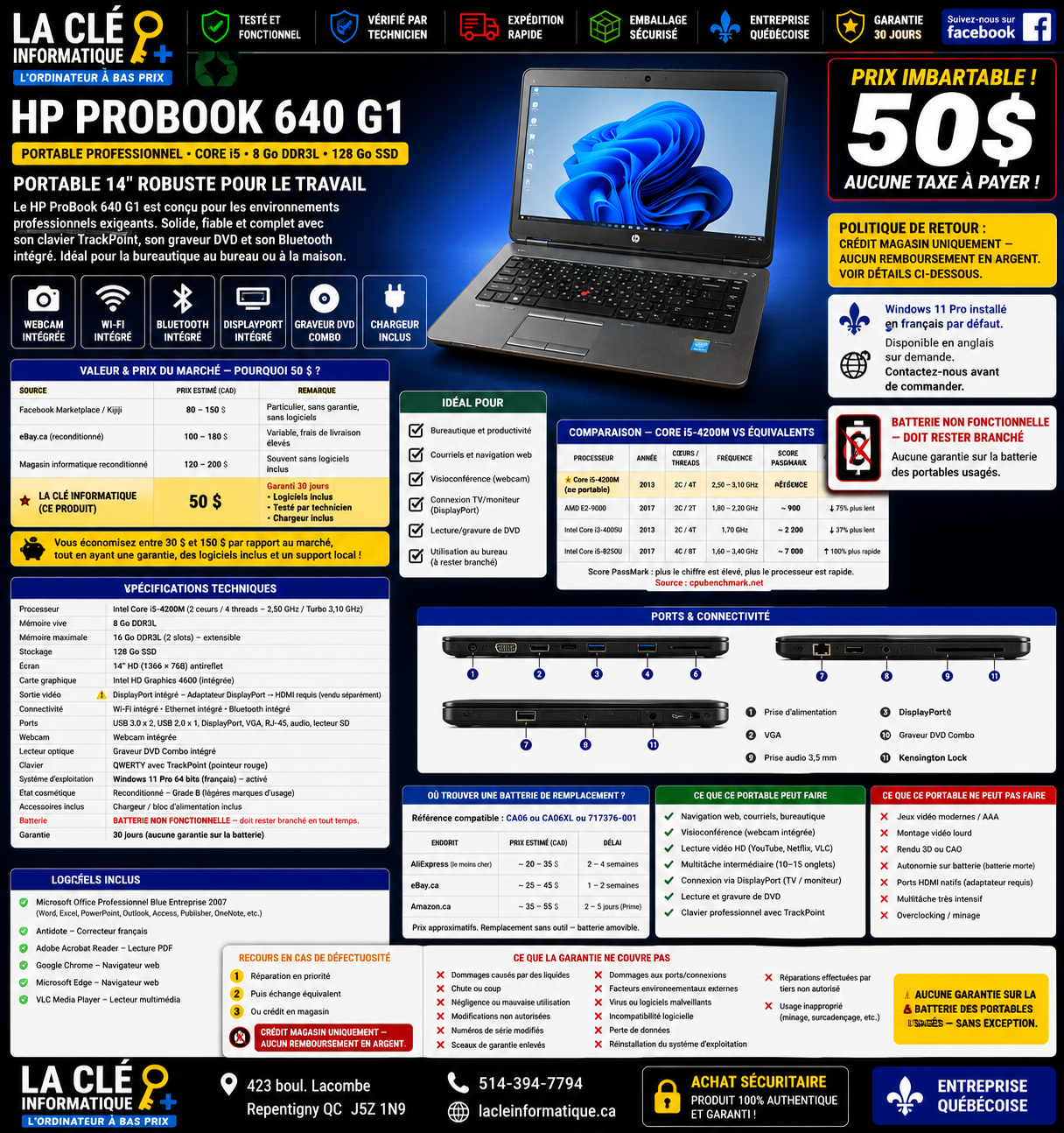 HP ProBook 640 G1 — Intel Core i5  4310m— 8 Go DDR3L — 128 Go SSD — 14" — Win 11 Pro