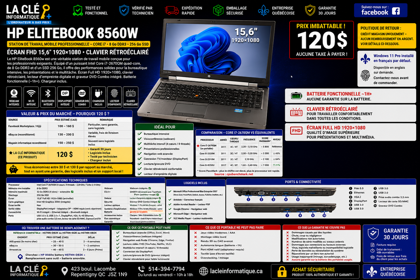 HP EliteBook 8560w — Intel Core i7-2670QM — 8 Go DDR3 — 256 Go SSD — 15,6" FHD — Win 11 Pro