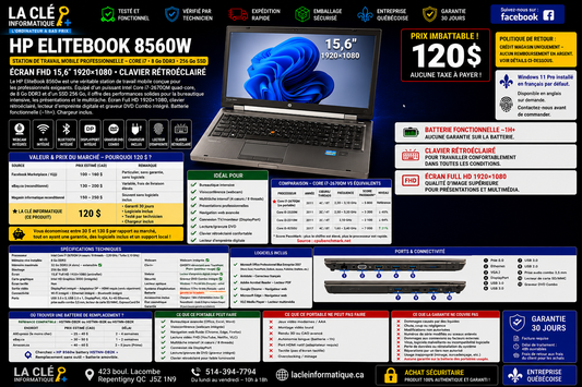 HP EliteBook 8560w — Intel Core i7-2670QM — 8 Go DDR3 — 256 Go SSD — 15,6" FHD — Win 11 Pro