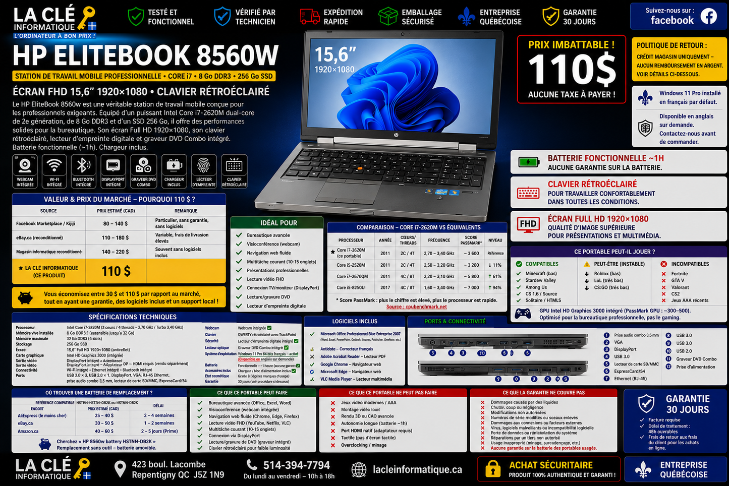 HP EliteBook 8560w — Intel Core i7-2620M — 8 Go DDR3 — 256 Go SSD — 15,6" FHD — Win 11 Pro