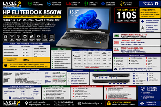 HP EliteBook 8560w — Intel Core i7-2620M — 8 Go DDR3 — 256 Go SSD — 15,6" FHD — Win 11 Pro