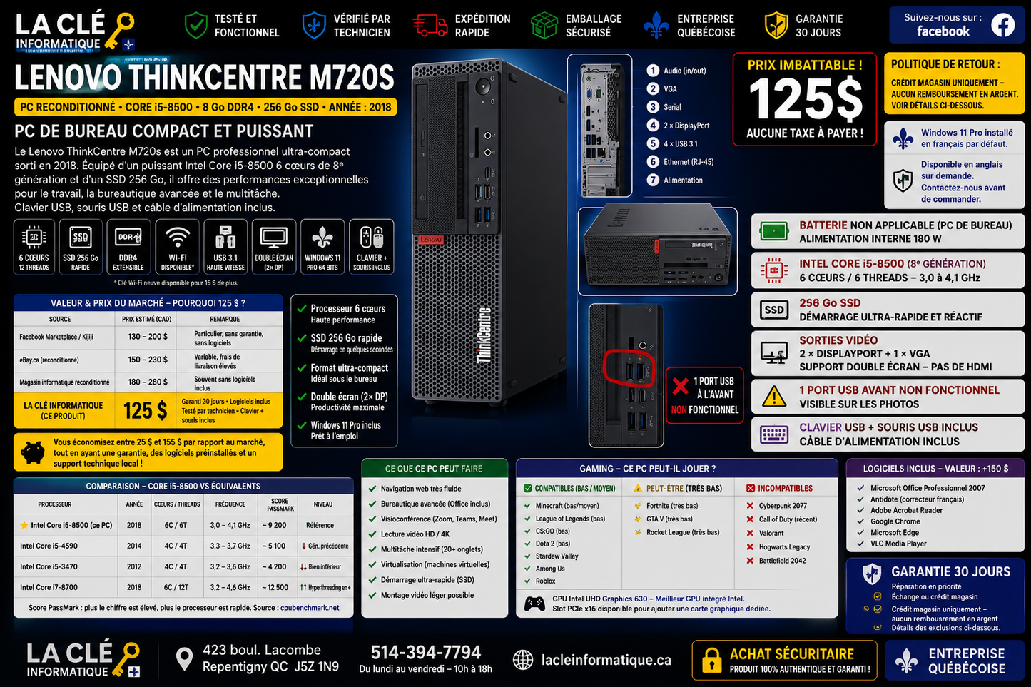 Lenovo ThinkCentre M720s — Core i5-8500 | 8 GB DDR4 | 256 GB SSD | Windows 11 Pro