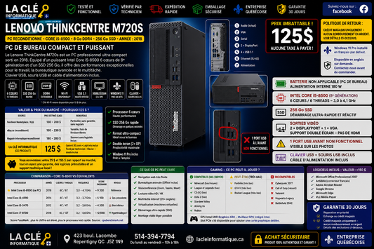 Lenovo ThinkCentre M720s — Core i5-8500 | 8 Go DDR4 | 256 Go SSD | Windows 11 Pro