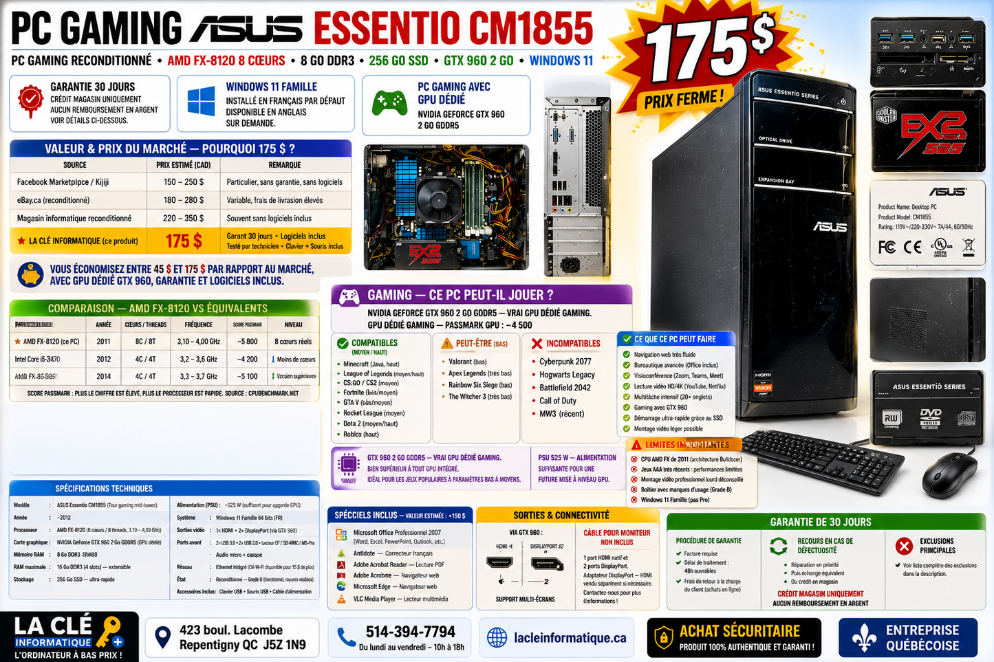 ASUS Essentio CM1855 — AMD FX-8120 8 cœurs | 8 Go DDR3 | 256 Go SSD | GTX 960 2 Go | Win 11