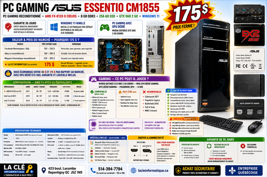 ASUS Essentio CM1855 — AMD FX-8120 8 cœurs | 8 Go DDR3 | 256 Go SSD | GTX 960 2 Go | Win 11