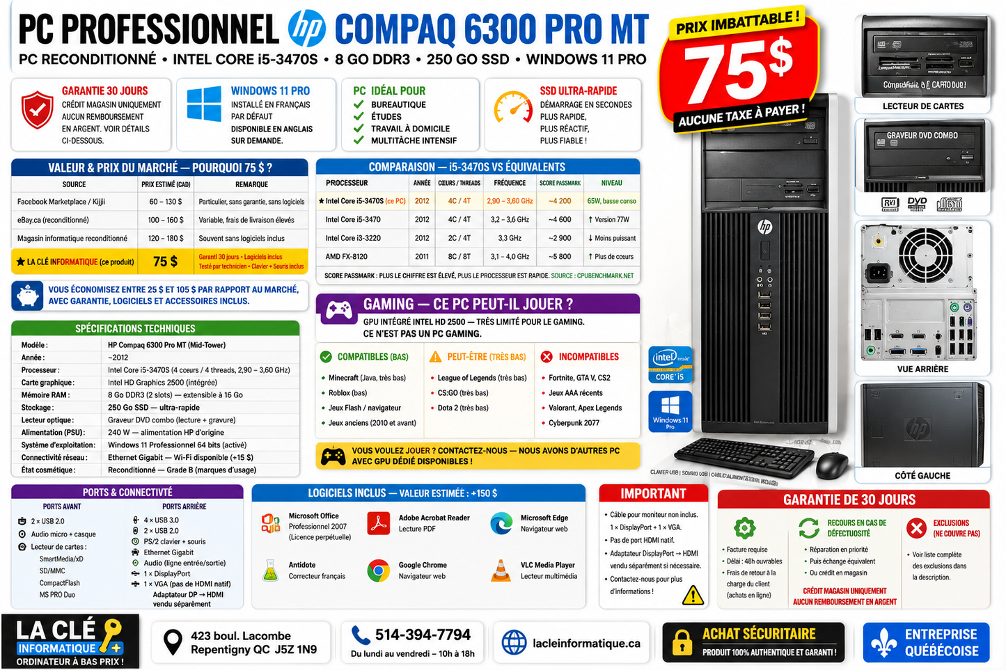 HP Compaq 6300 Pro MT — Intel Core i5-3470S | 8 Go DDR3 | 250 Go SSD | Win 11 Pro