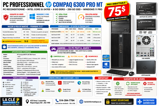HP Compaq 6300 Pro MT — Intel Core i5-3470S | 8 Go DDR3 | 250 Go SSD | Win 11 Pro