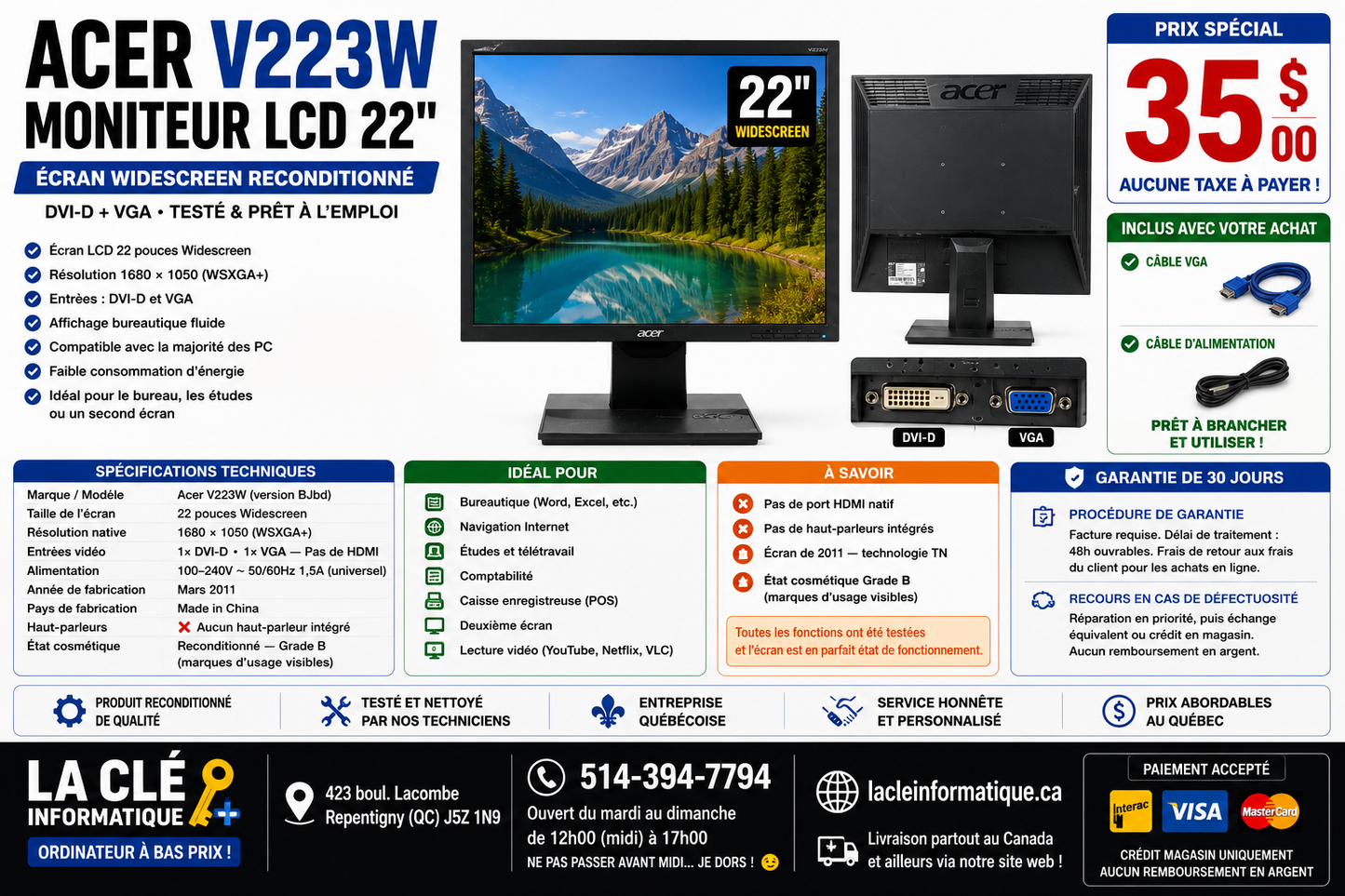 Acer V223W — Moniteur LCD 22" Widescreen | DVI-D + VGA | Reconditionné