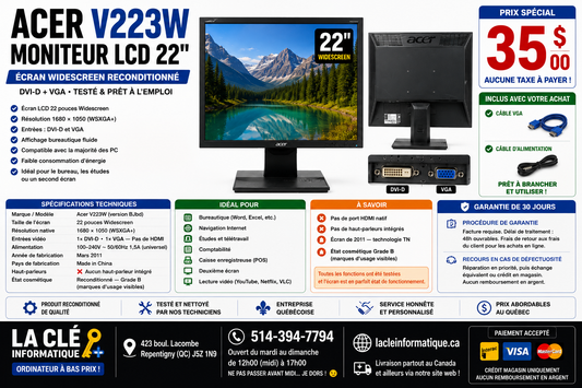 Acer V223W — Moniteur LCD 22" Widescreen | DVI-D + VGA | Reconditionné