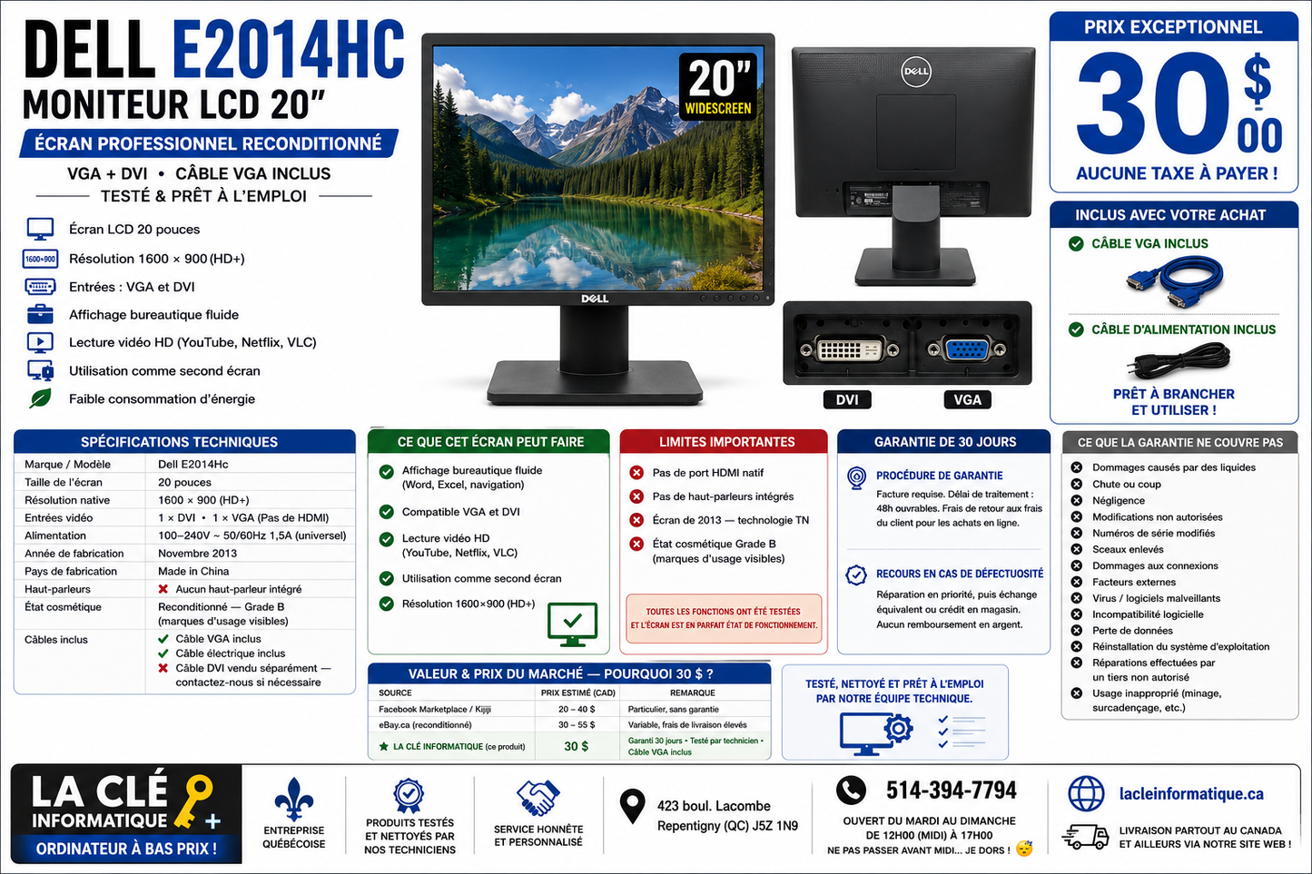 Dell E2014Hc — Moniteur LCD 20" | VGA + DVI | Reconditionné