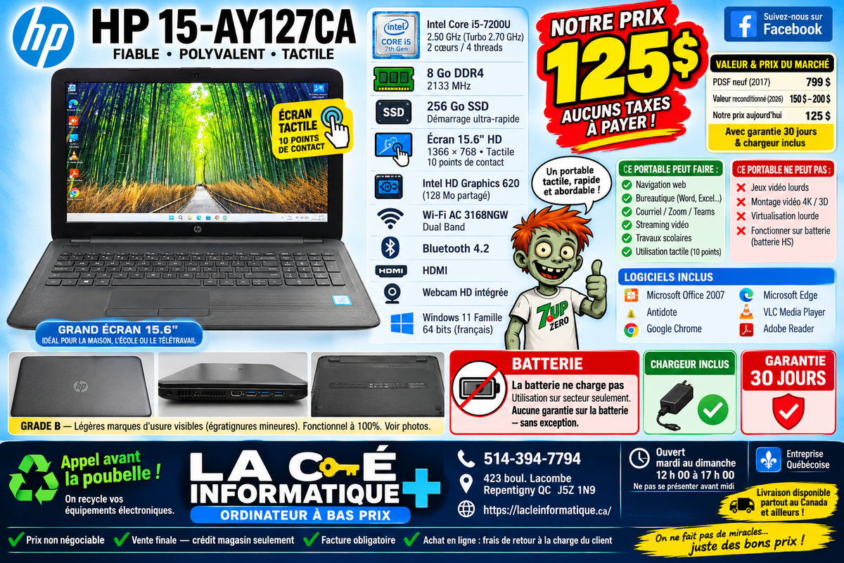HP 15-ay127ca — Core i5-7200U — 8 Go DDR4 — 256 Go SSD — Écran 15.6" Tactile — Win 11 Famille