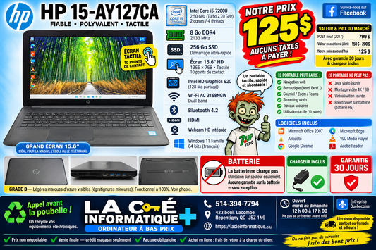 HP 15-ay127ca — Core i5-7200U — 8 Go DDR4 — 256 Go SSD — Écran 15.6" Tactile — Win 11 Famille