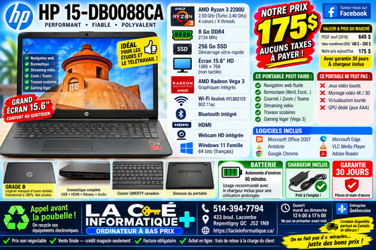 HP 15-db0088ca — AMD Ryzen 3 2200U — 8 Go DDR4 — 256 Go SSD — Écran 15.6" HD — Win 11 Famille