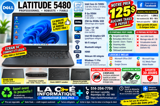Dell Latitude 5480 — Intel Core i5-7200U — 8 Go DDR4 — 256 Go NVMe — Écran 14" HD — Win 11 Pro