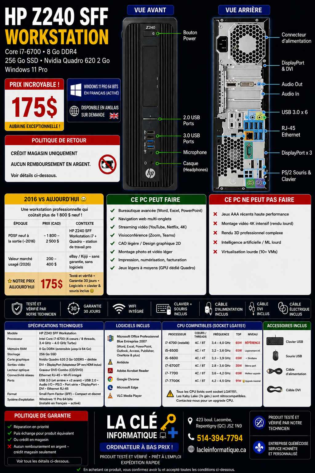 HP Z240 SFF Workstation — Core i7-6700 — 8 Go DDR4 — 256 Go SSD — Nvidia Quadro 620 — Windows 11 Pro