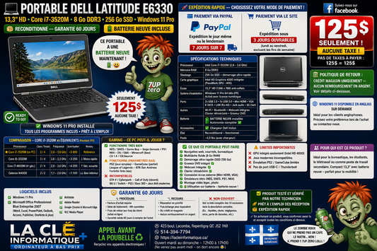Dell Latitude E6330 — Intel Core i7-3520M — 8 Go DDR3 — 256 Go SSD — Lecteur DVD — 13.3" HD — Win 11 Pro — Batterie Neuve