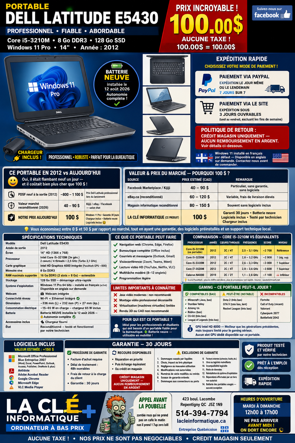 Dell Latitude E5430 — Intel Core i5-3210M — 8 Go DDR3 — 128 Go SSD — Webcam — 14" HD — Win 11 Pro — Batterie Neuve