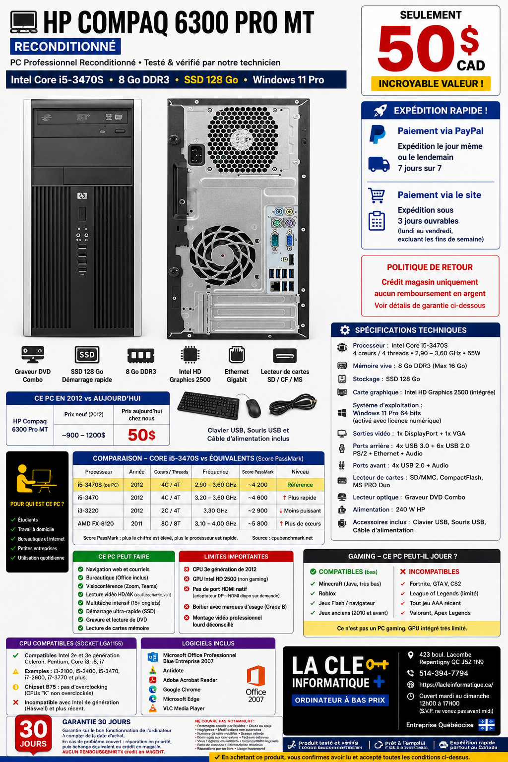 HP Compaq 6300 Pro MT — Intel Core i5-3470S — 8 Go DDR3 — 128 Go SSD — Win 11 Pro — Garantie 30 jours